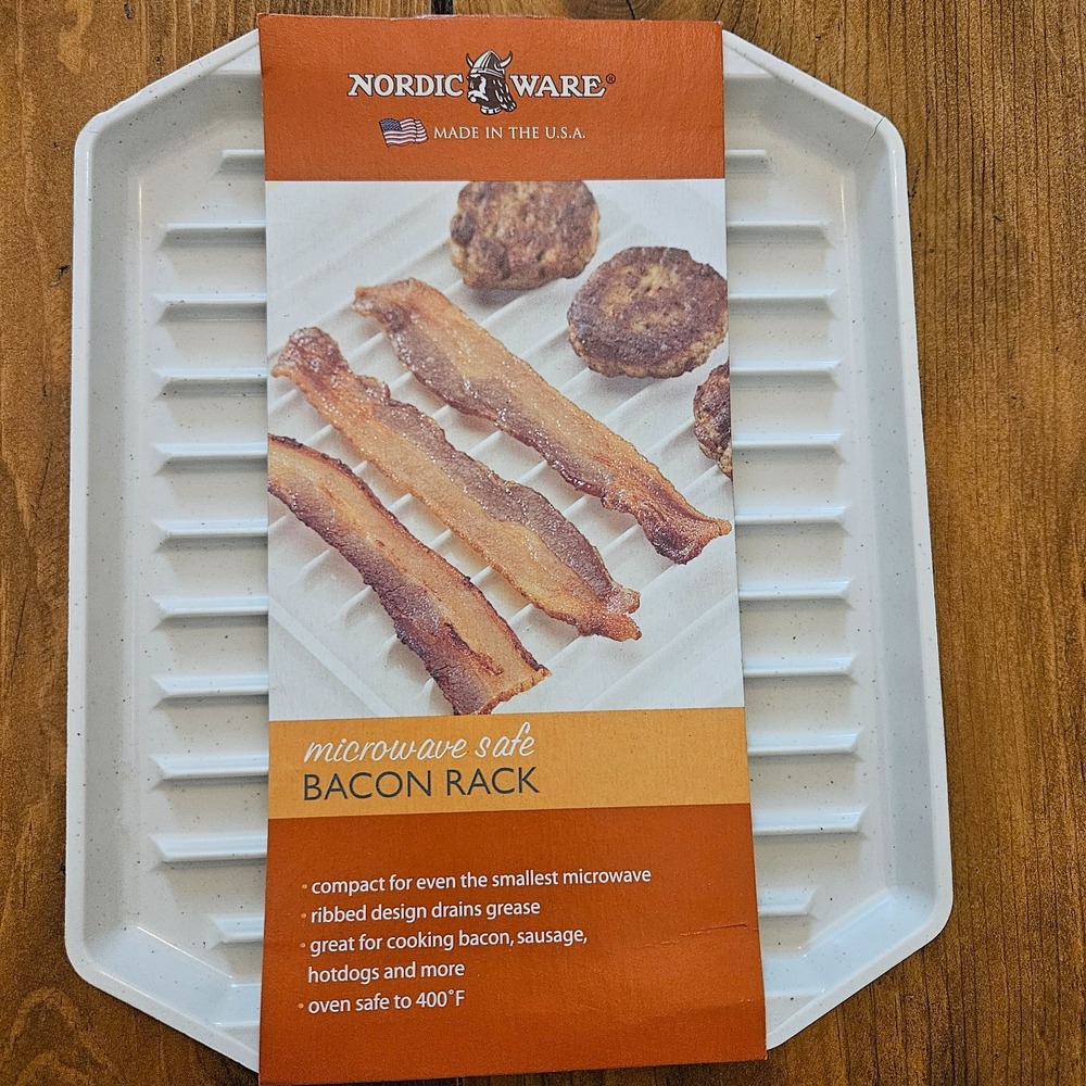 Nordic Ware Microwave Bacon Rack Tray White Ribbed Grease Draining Made USA